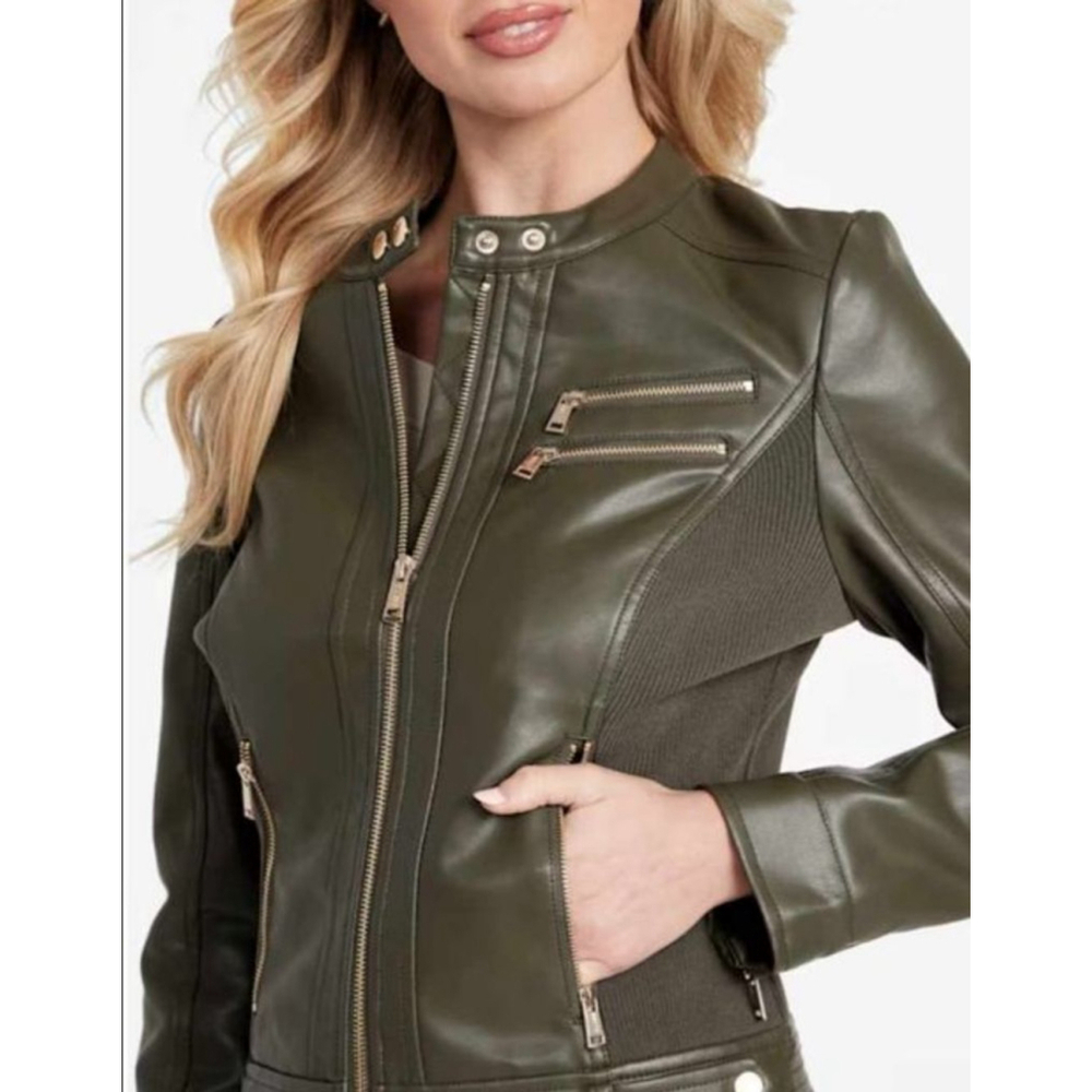 Women's Guess Faux Leather Jacket Green Size M - Picture 2 of 15